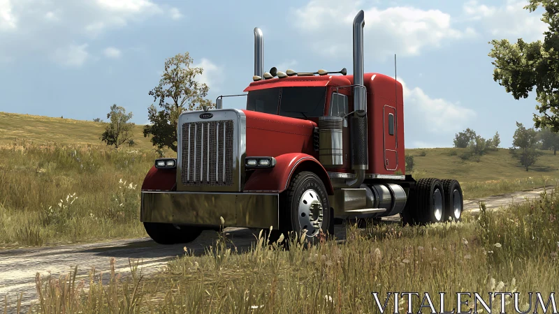 Rendered red semi truck shows high-poly detailing and reflective metal shaders