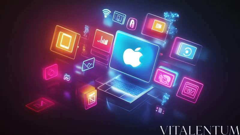 Glowing laptop welcomes a colorful world of digital icons