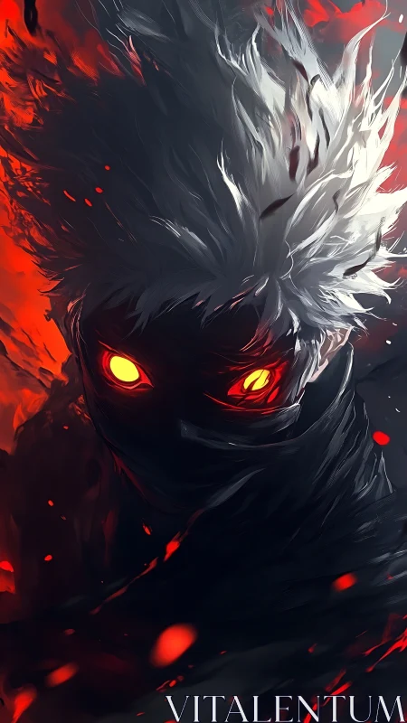 Masked white haired warrior with glowing eyes in red fire