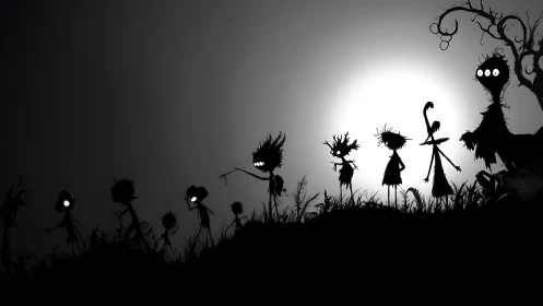Shadowy children march across a moonlit, eerie hillside