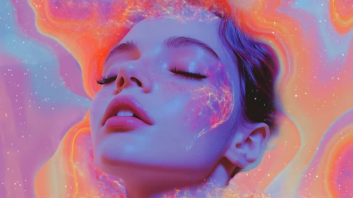 Surreal neon portrait merges human face with cosmic energy field