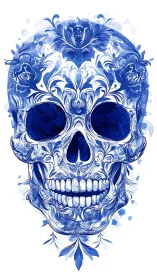 Floral blue skull art blends delicate blooms with bold bones