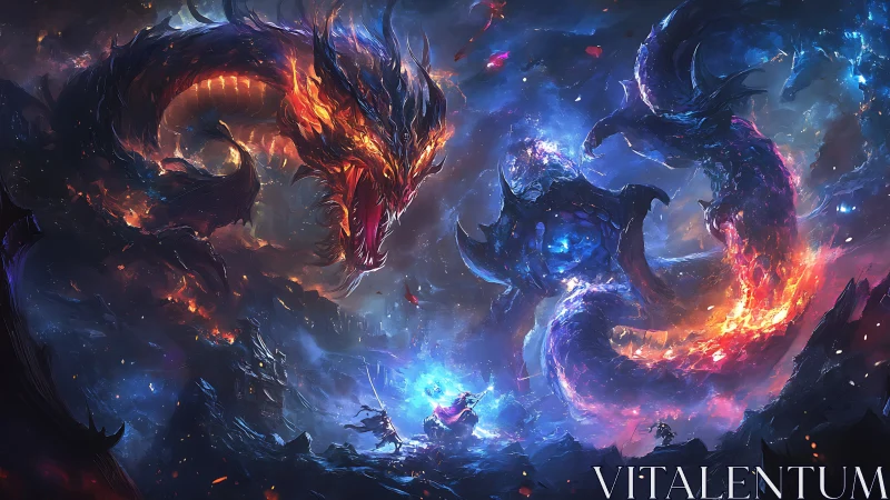 Fiery dragon and cosmic serpent clash in stormy void