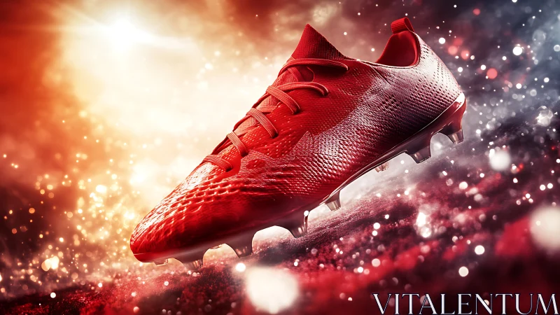 3D product render of red football boot in dynamic bokeh field.
