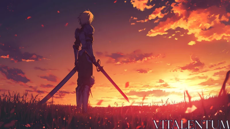 Armored figure holds two swords against a sunset sky