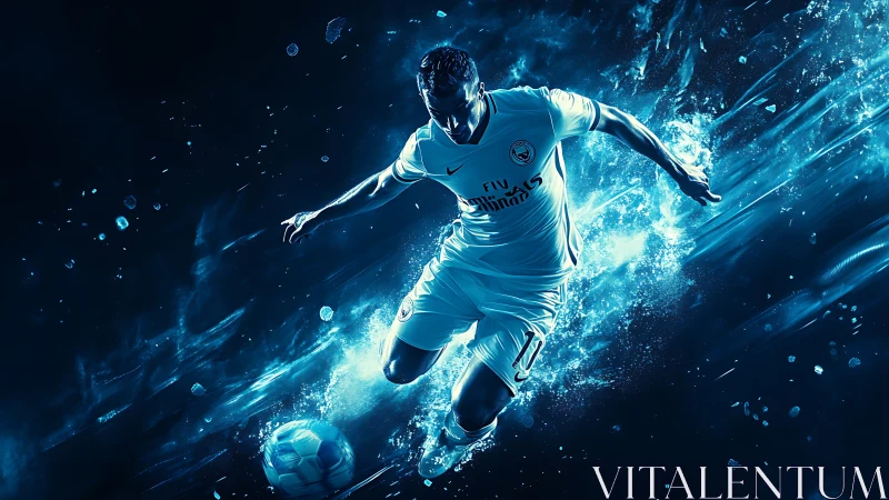 Dynamic soccer striker rendered in high-contrast neon motion field