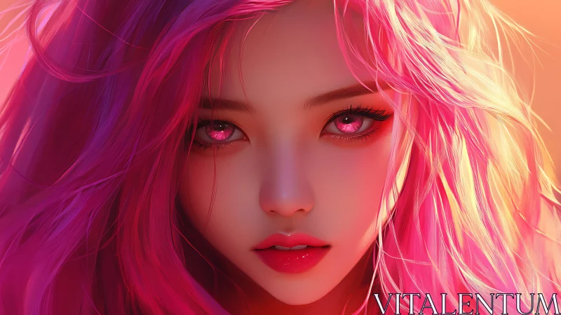 Vivid pink haired digital portrait with luminous eyes.