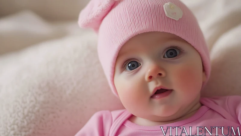 Infant Facial Expression Study: Wide-Eyed Engagement in Soft Pink Knitwear.
