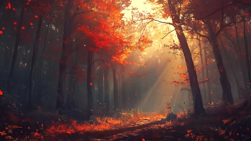 Autumn Forest in Warm Sunlight with Falling Leaves