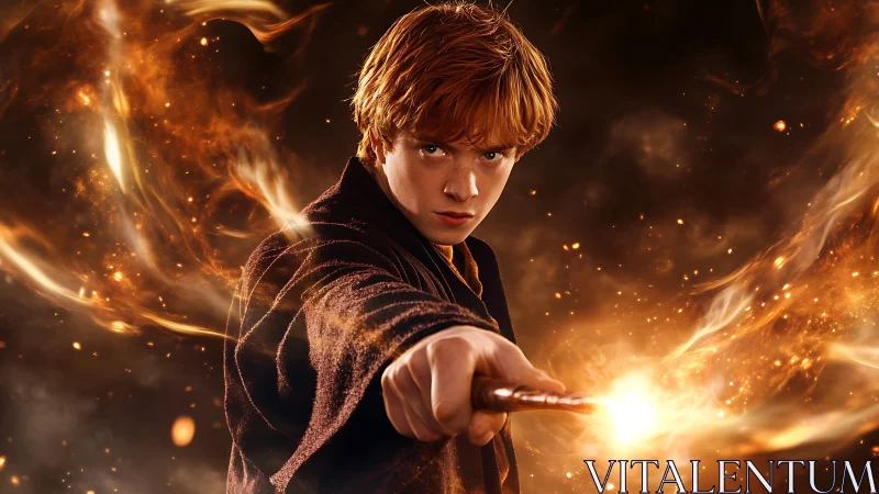 Fiery young wizard hurls swirling embers of raw magic power.