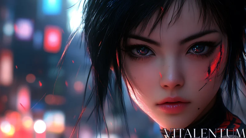 Cyberpunk heroine stares through neon glare and drifting sparks.