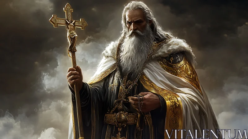 Solemn elder priest holds ornate cross under storm clouds
