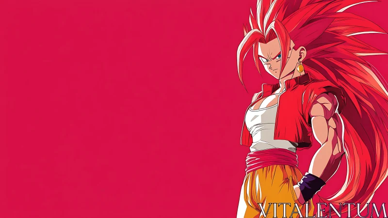 Scarlet-haired anime warrior against bold crimson void.