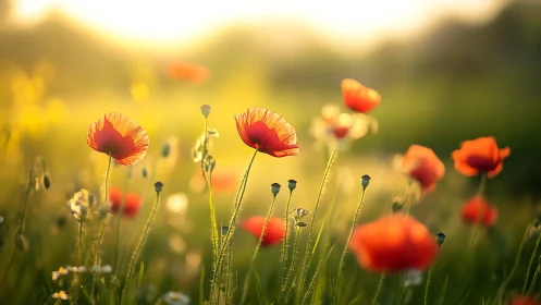 Red Poppies in Golden Afternoon Light: Depth-of-Field Study.