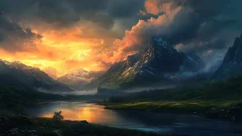 Fiery mountain sunset over tranquil river valley panorama.