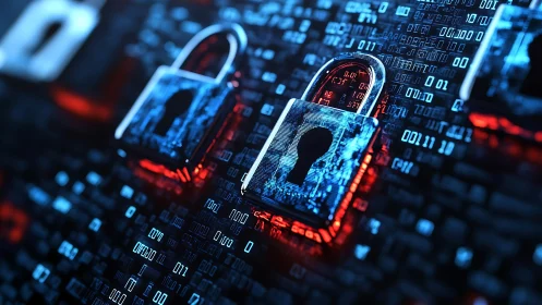 3D-rendered padlocks overlay binary code, symbolizing encrypted data