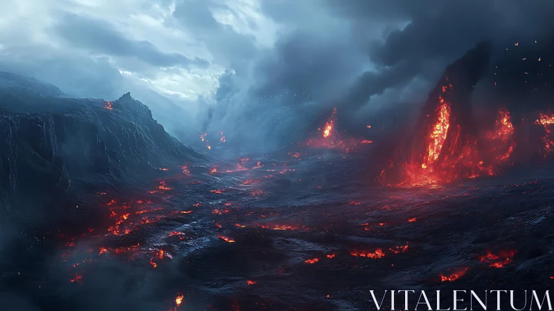 Volcanic lava field under dark storm clouds at dusk.
