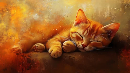 Orange Tabby Cat Resting in Warm Chiaroscuro Environment with Impasto Technique