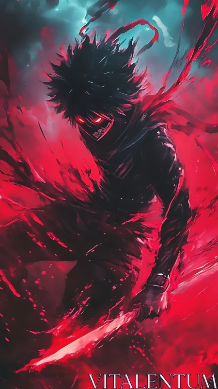 Dark figure with sword stands in red abstract energy field