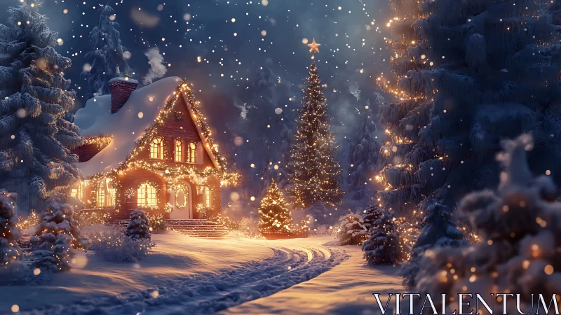 Cozy winter cottage glowing with gentle Christmas lights.