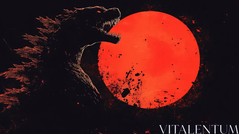 Kaiju silhouette roars against splattered scarlet sun.