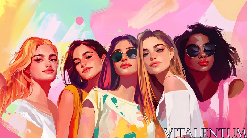 Vibrant group portrait of young women in modern digital art style.