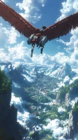 Winged humanoid over mountain valley city under clouds.