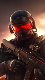 Futuristic tactical soldier with AR visor and suppressed rifle