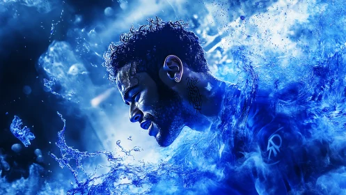 Determined athlete bursts through cascading waves of energy