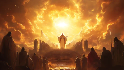 Radiant celestial throne summons robed figures in awe.