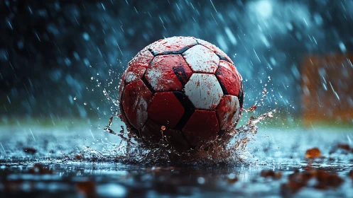 Weathered soccer ball impacts wet pitch in heavy rainfall