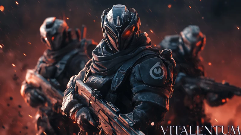 Armored sci-fi soldiers advance through blazing embers.