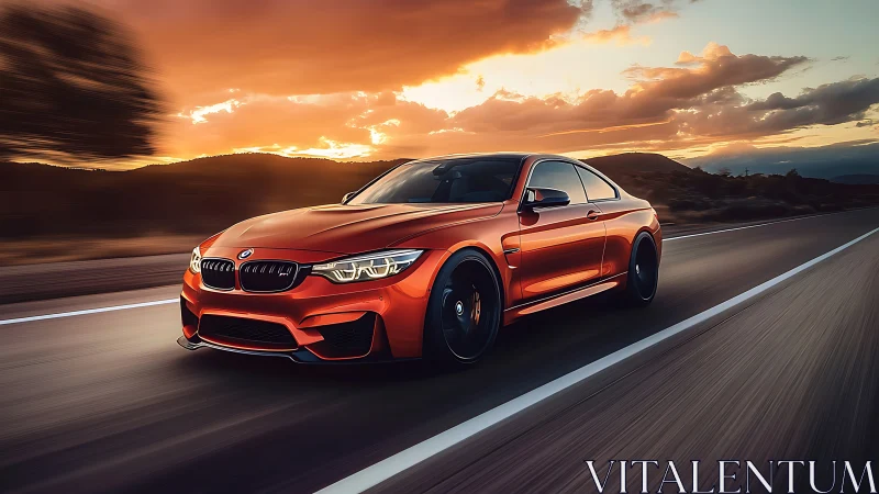 Sport coupe races along highway at vivid sunset sky.