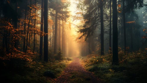 Golden Sunlit Forest Path Through Autumn Woodland.