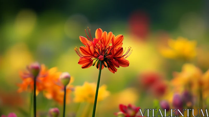 Red Dahlia Bloom Centered Against Soft Garden Background