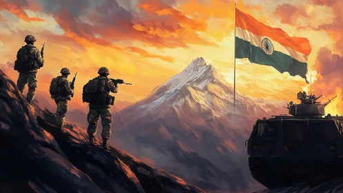 High-altitude Indian infantry and armor under flaming sky.