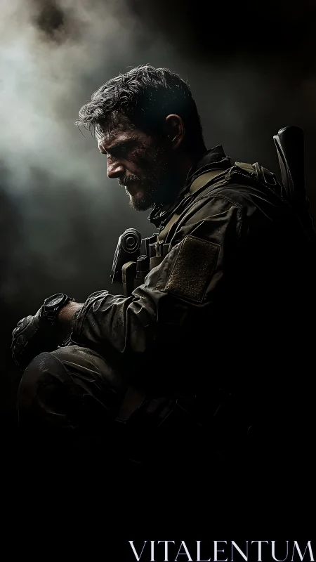 Quiet warrior in shadowed light, resting between battles.