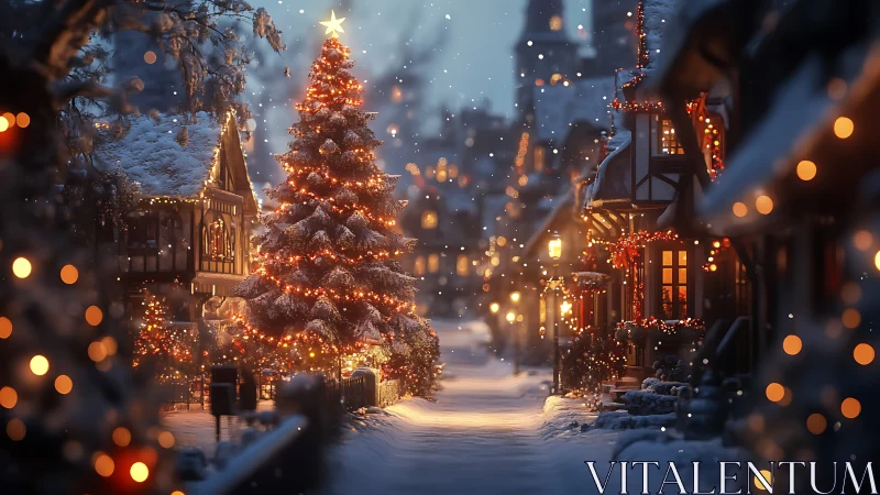 Snowy village lane with glowing Christmas tree centerpiece.