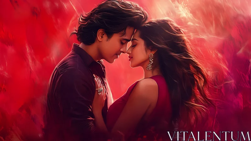 Intimate Profile Portrait Couple Against Vivid Crimson Atmospheric Backdrop