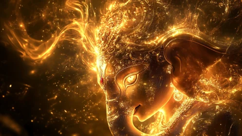 Golden glowing Ganesha figure in swirling radiant light.