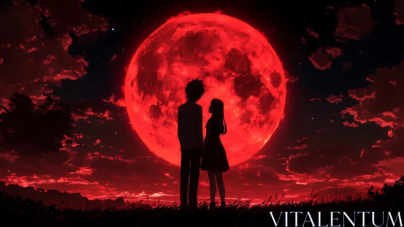 Lovers share a quiet moment beneath a glowing red moon.