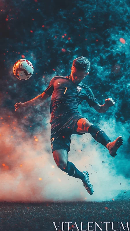 Bicolor atmospheric soccer volley with dynamic particle dispersion.