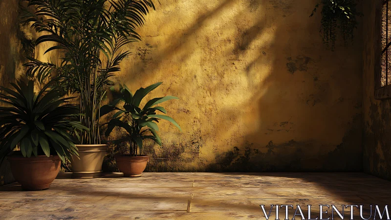 Sunlit terracotta corner with potted tropical foliage.