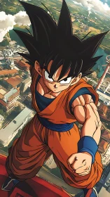 Anime fighter hovers above detailed industrial landscape