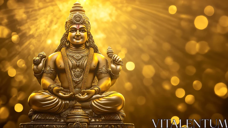 Golden Hindu deity statue in glowing bokeh light field.
