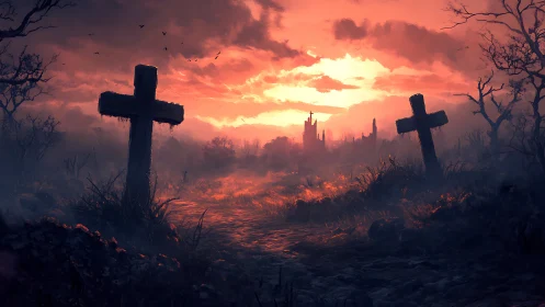 Sunset-lit graveyard path wrapped in quiet, eerie warmth.
