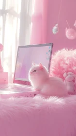 White Cat in Pink Room with Computer Monitor