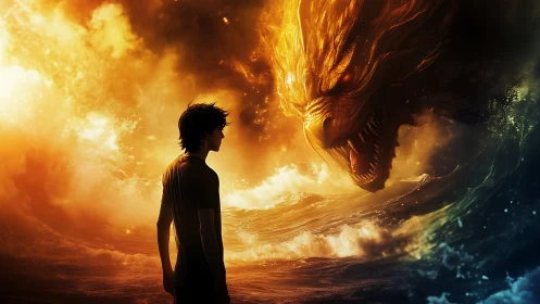 Stormlit boy confronts blazing sea dragon of molten dusk.