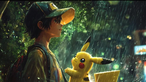 Rain-soaked trainer and Pikachu under glowing city storm.