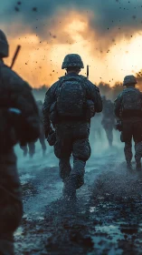 Soldiers moving through wet terrain under fiery sky backdrop.